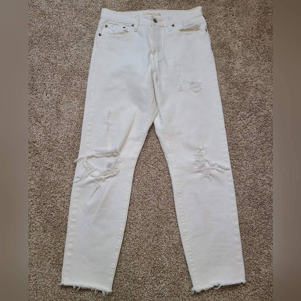 Levis Wedgie Cut White Distressed Jeans With Button Fly